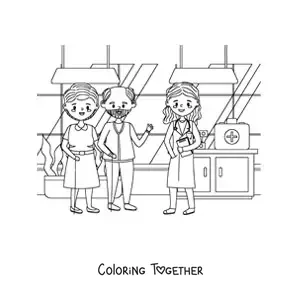 Coloring page of a female doctor and two older patients in a medical office
