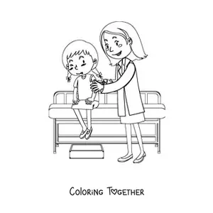 Coloring page of a pediatrician giving a girl an injection