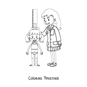 Coloring page of a pediatrician measuring a girl's height