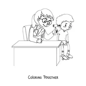Coloring page of a pediatrician checking a boy's ear in the office