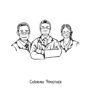Coloring page of three doctors wearing face masks