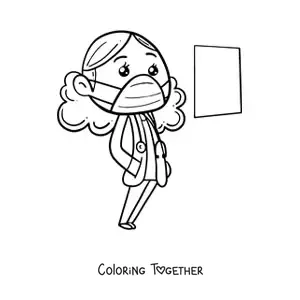 Coloring page of a kawaii female doctor with a coat and a face mask