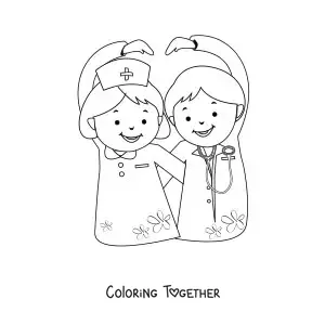 Coloring page of a doctor and a cartoon nurse