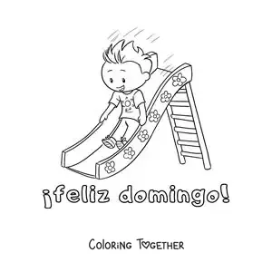 Coloring page of a happy Sunday with a boy playing on a slide