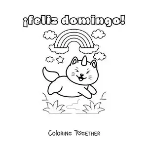Coloring page of a happy Sunday with a kawaii cartoon unicorn cat and a rainbow