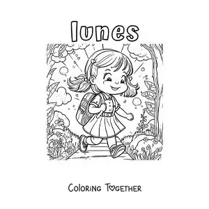 Coloring page of Monday with a girl walking to school