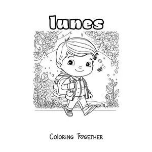 Coloring page of Monday with a boy walking to school