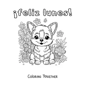 Coloring page of a happy Monday with a kawaii cartoon dog with flowers