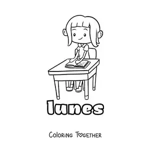 Coloring page of Monday with a girl studying at school
