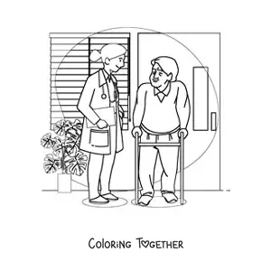 Coloring page of a female doctor talking with an older patient in an office