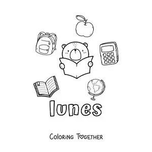 Coloring page of Monday with school supplies and a cartoon bear studying