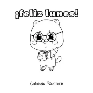 Coloring page of a happy Monday with a studious kawaii cartoon cat