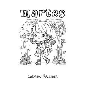 Coloring page of Tuesday with a girl on her way to class