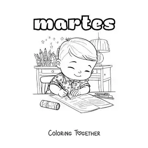 Coloring page of Tuesday with a boy doing homework