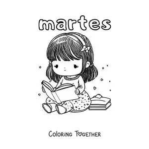 Coloring page of Tuesday with a girl reading a book