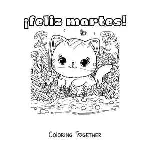 Coloring page of a happy Tuesday with a cute cat with flowers