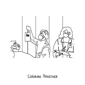 Coloring page of two doctors attending a hospitalized patient