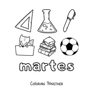Coloring page of Tuesday with school supplies
