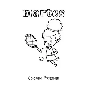 Coloring page of Tuesday with a girl playing tennis