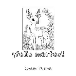 Coloring page of a happy Tuesday with a cute deer with flowers