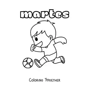 Coloring page of Tuesday with a boy playing soccer