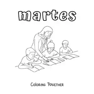 Coloring page of Tuesday with some children in class with the teacher
