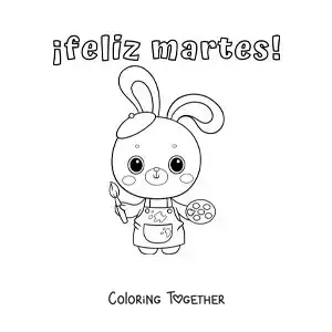 Coloring page of a happy Tuesday with a kawaii cartoon painter rabbit
