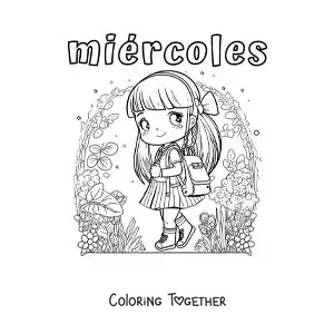 Coloring page of Wednesday with a girl walking to school