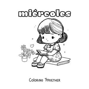 Coloring page of Wednesday with a kawaii girl reading a book