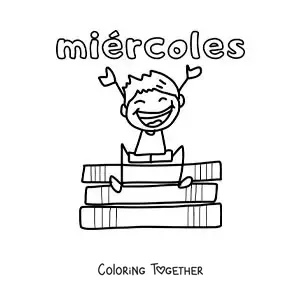 Coloring page of Wednesday with a happy boy sitting on some books