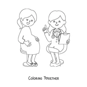 Coloring page of a gynecologist with a kawaii pregnant patient