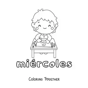 Coloring page of Wednesday with a boy studying in class