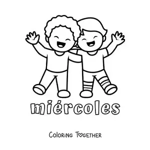 Coloring page of Wednesday with two friends hugging
