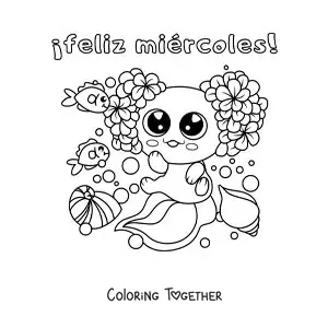Coloring page of a happy Wednesday with a cute kawaii axolotl