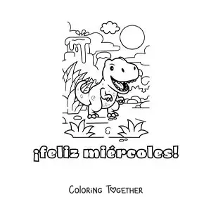 Coloring page of a happy Wednesday with a cartoon dinosaur