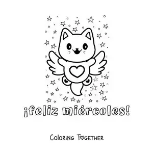 Coloring page of a happy Wednesday with a cute cartoon cat