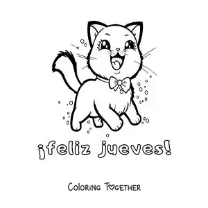 Coloring page of a happy Thursday with a kawaii cartoon cat
