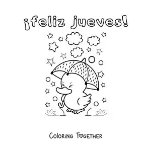 Coloring page of a happy Thursday with a kawaii cartoon duck