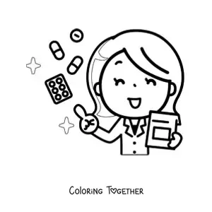 Coloring page of a kawaii female doctor prescribing a treatment
