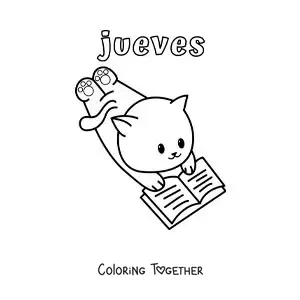 Coloring page of Thursday with a cartoon cat reading a book
