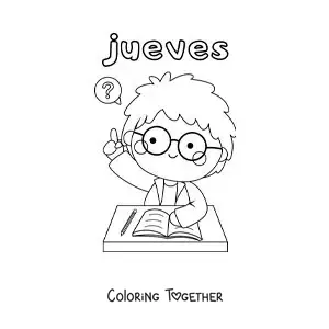 Coloring page of Thursday with a boy raising his hand in class