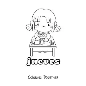 Coloring page of Thursday with a girl coloring in class