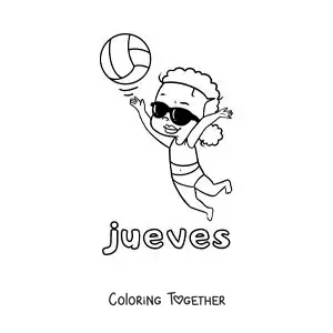 Coloring page of Thursday with a girl playing volleyball