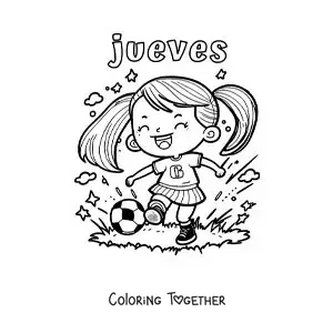 Coloring page of Thursday with a girl playing soccer