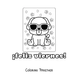 Coloring page of a happy Friday with a kawaii cartoon pug