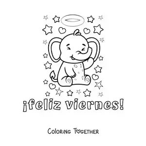 Coloring page of a happy Friday with a cute cartoon elephant