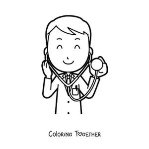 Coloring page of a cartoon doctor listening with a stethoscope