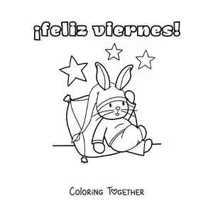 Coloring page of a happy Friday with a cartoon rabbit sleeping in pajamas