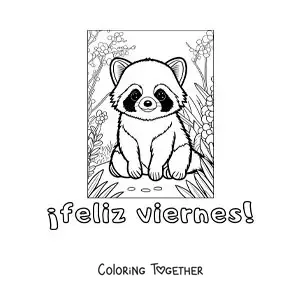 Coloring page of a happy Friday with a cartoon raccoon