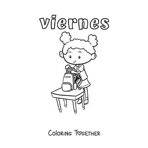 Coloring page of Friday with a girl putting away her supplies after class